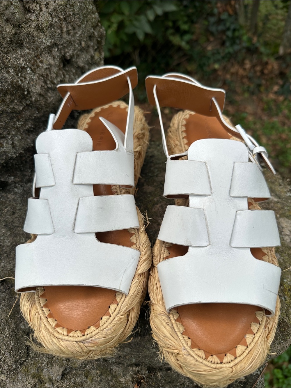 Robert Clergerie Natural Raffia, White Leather Braided Sandals -Size 39 1/2